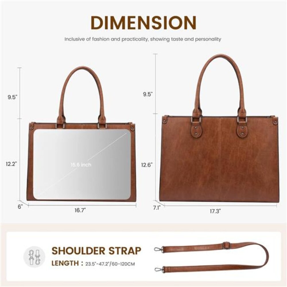 Laptop Tote Bag for Women 15.6 Inch Large Capacity Vintage Vegan Leather - Picture 4 of 7